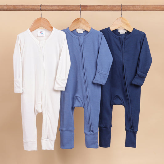 Milk + Light Denim + Navy Organic Zipsuit