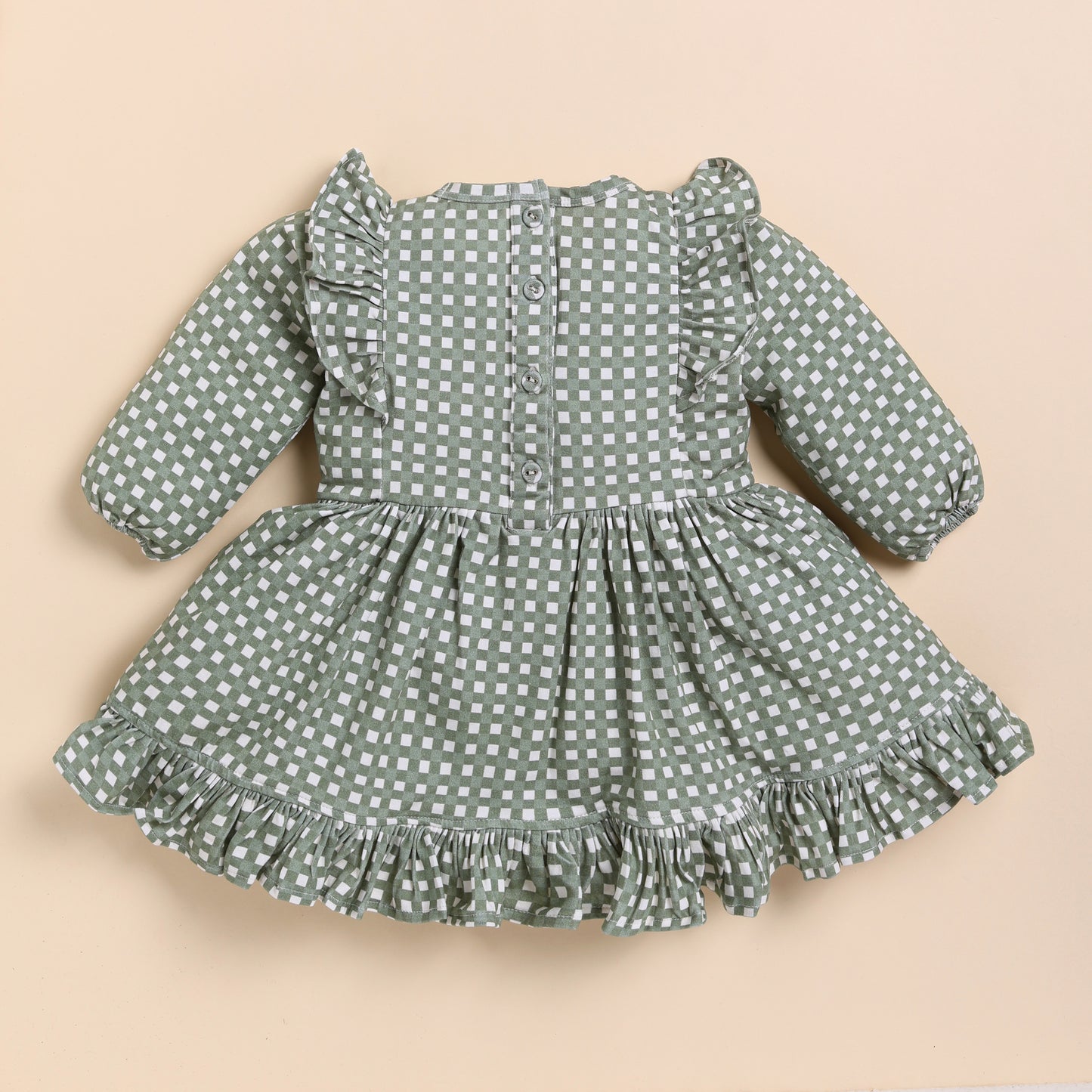 Mineral Gingham Organic Long Sleeve Ruffle Dress