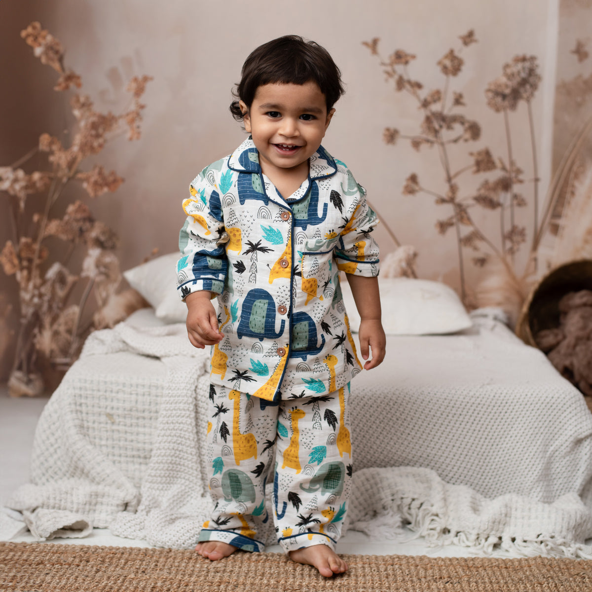 Elephant Print Organic Muslin Classic Collar PJ Set