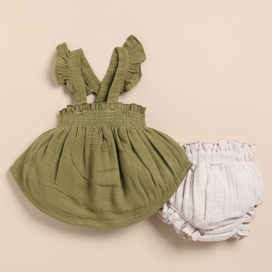 Olive + Oatmeal Organic Muslin Sleeveless Frill Top With Bloomer Set