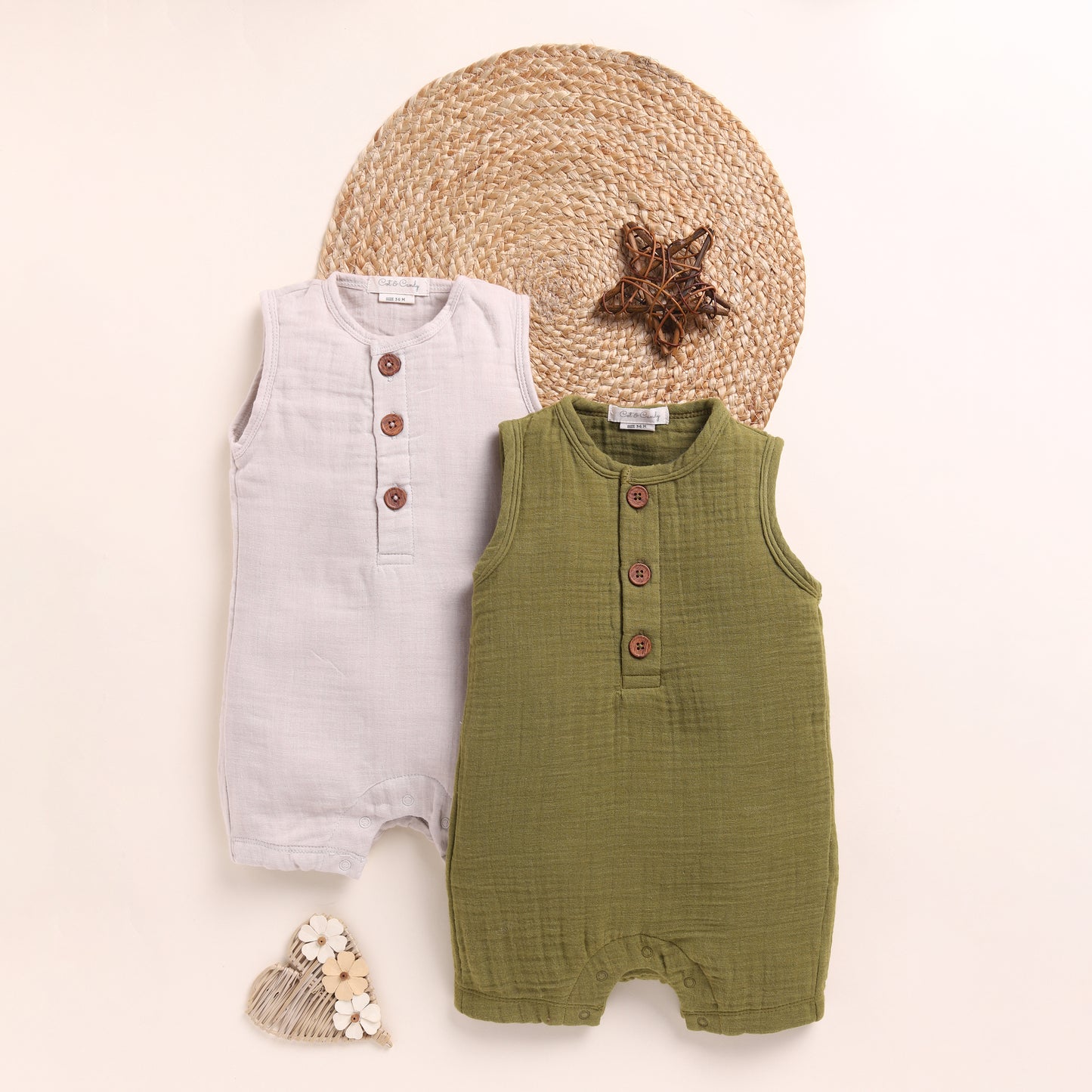 Oatmeal + Olive Organic Muslin Half Romper