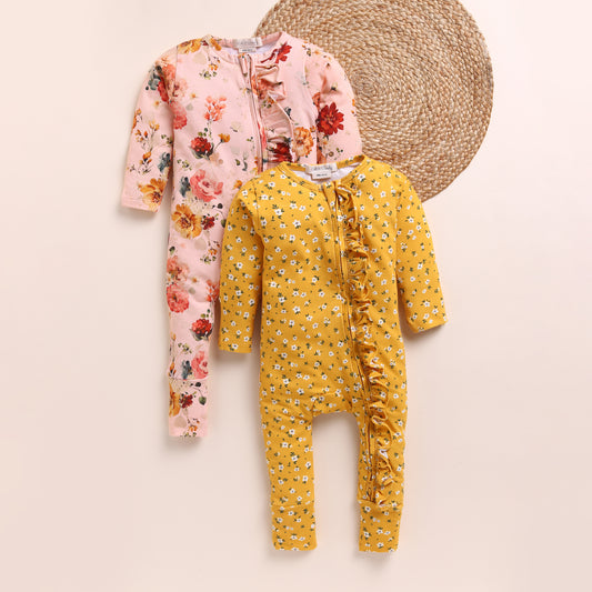 Vintage Floral + Flora Organic Printed Zipsuits Pack Of 2