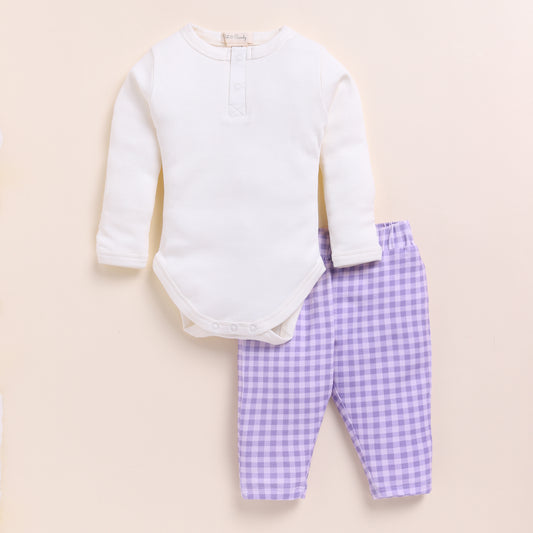 White + Orchid Gingham Cord Set Long Sleeve Bodysuit With Leggings - Pack Of 2