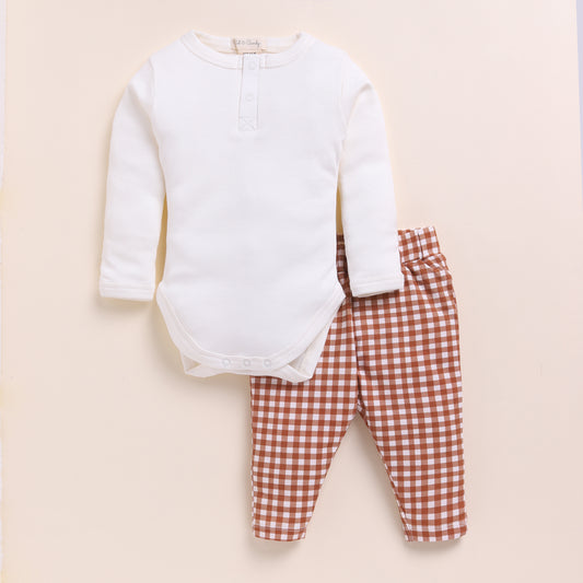 White + Ginger Gingham Cord Set Long Sleeve Bodysuit With Leggings - Pack Of 2