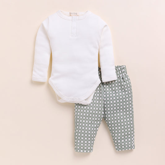 White + Mineral Gingham Cord Set Long Sleeve Bodysuit With Leggings - Pack Of 2
