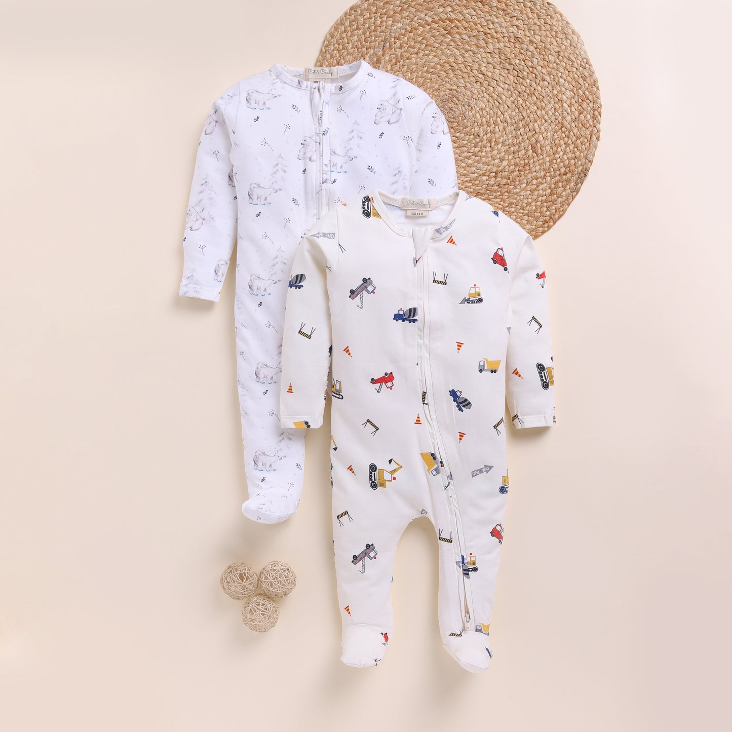 Construction + Constellation Bear Organic Printed Zipsuits Pack Of 2