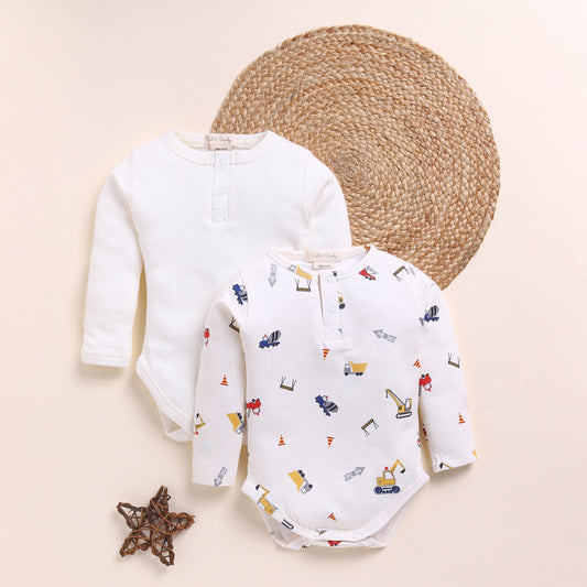 White + Construction Print Organic Long Sleeve Bodysuits - Pack of 2