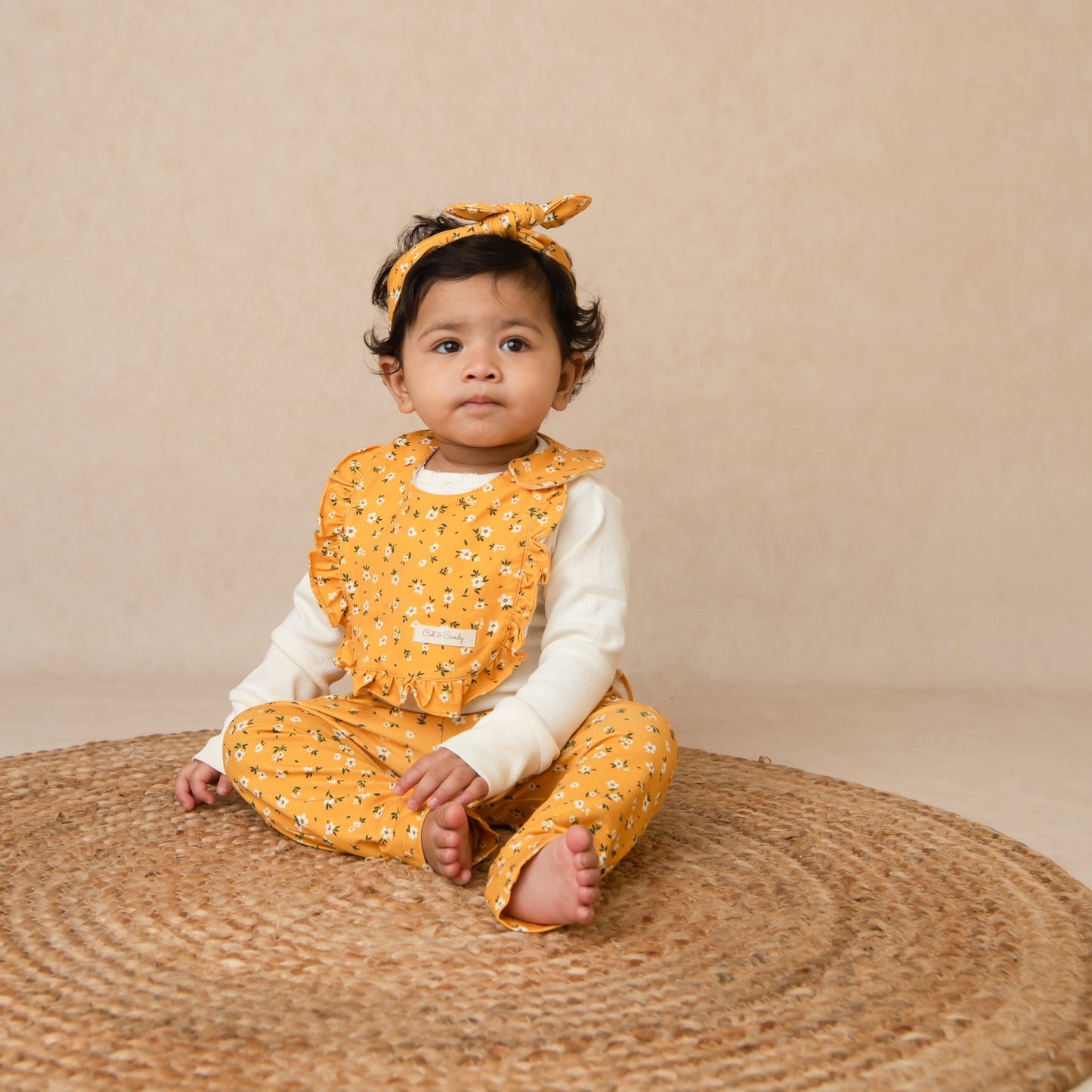 White Organic Long Sleeve Bodysuit With Vintage Floral Leggings, Headband and Bib