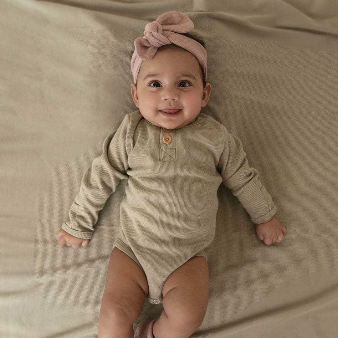 Sage Organic Long Sleeve Bodysuit With Blush Pink Headband