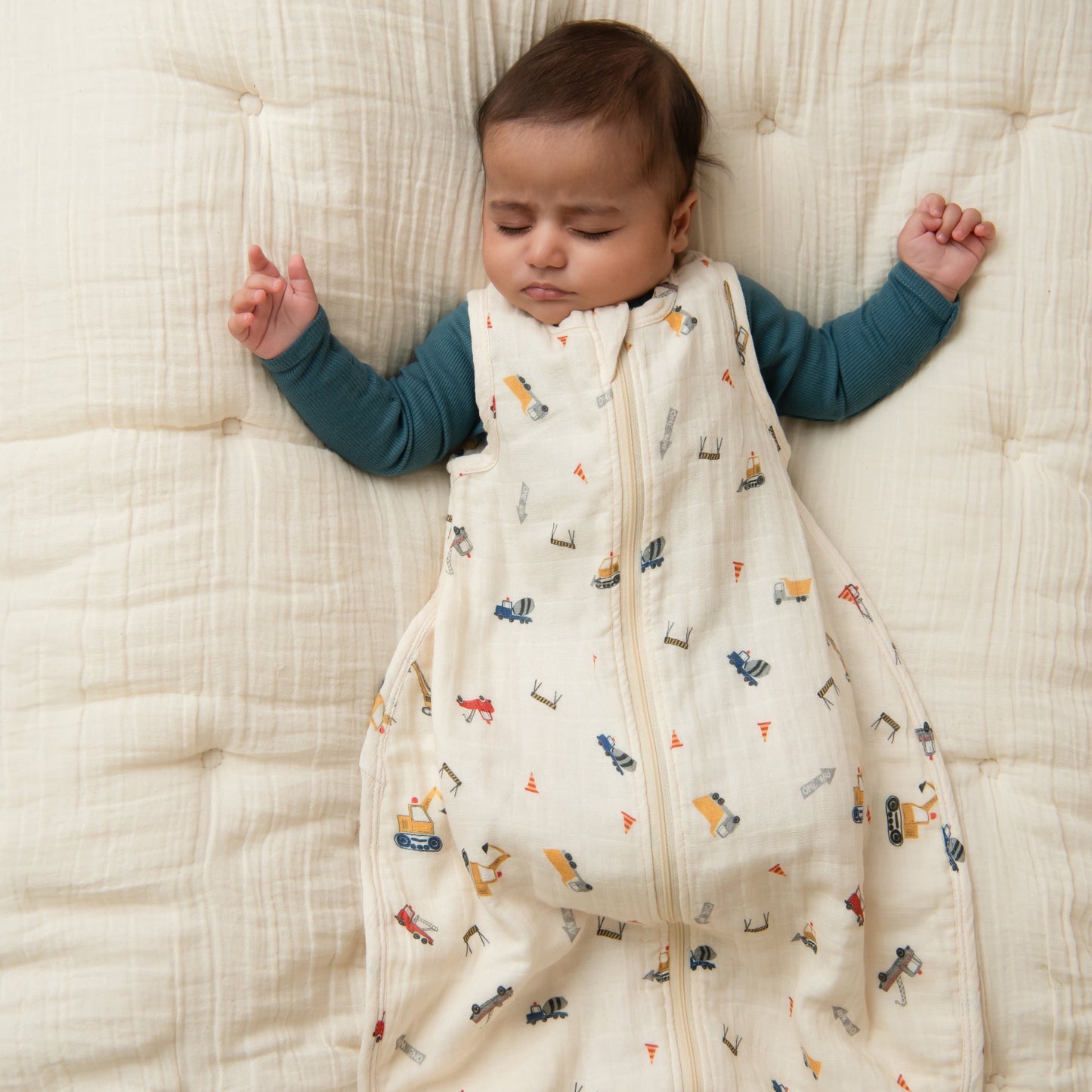 Denim Organic Long Sleeve Bodysuit With Construction Sleeping Bag