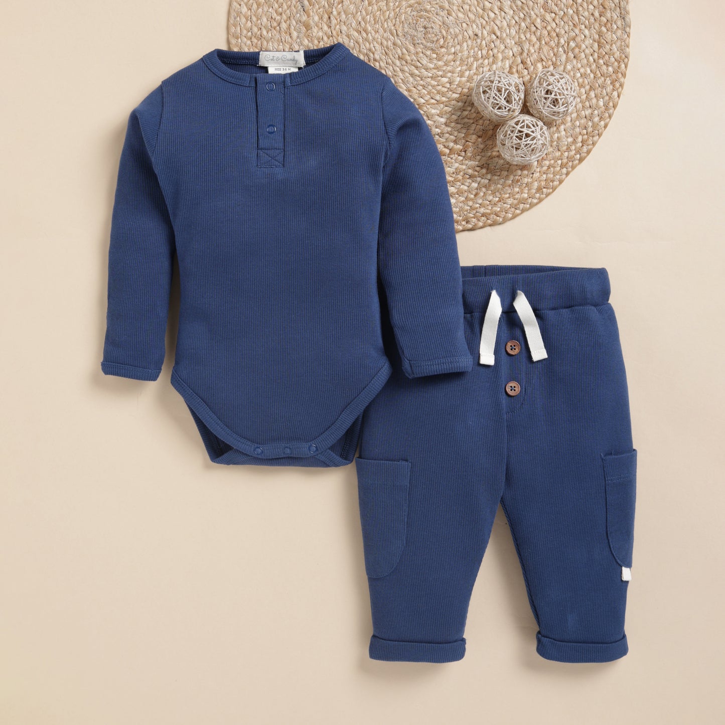 Navy Organic Long Sleeve Bodysuit With Drawstring Leggings