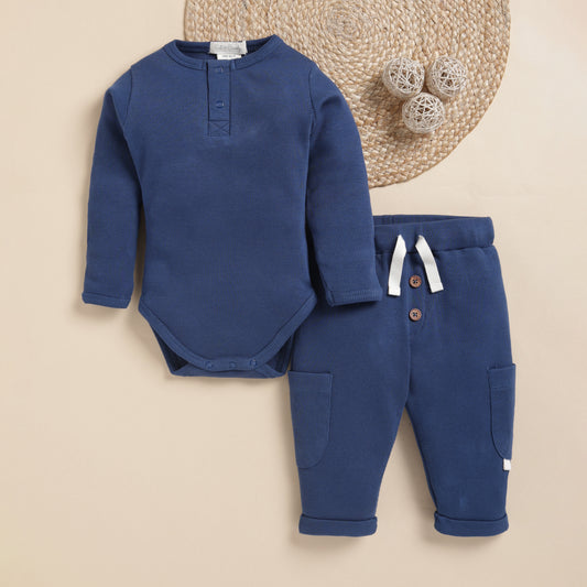 Navy Organic Long Sleeve Bodysuit With Drawstring Leggings