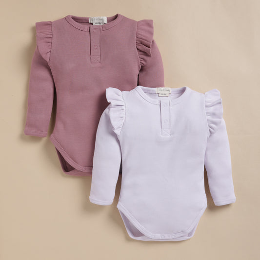 Nostalgia Rose + Lavender Fog Organic Long Sleeve Bodysuit With Frill