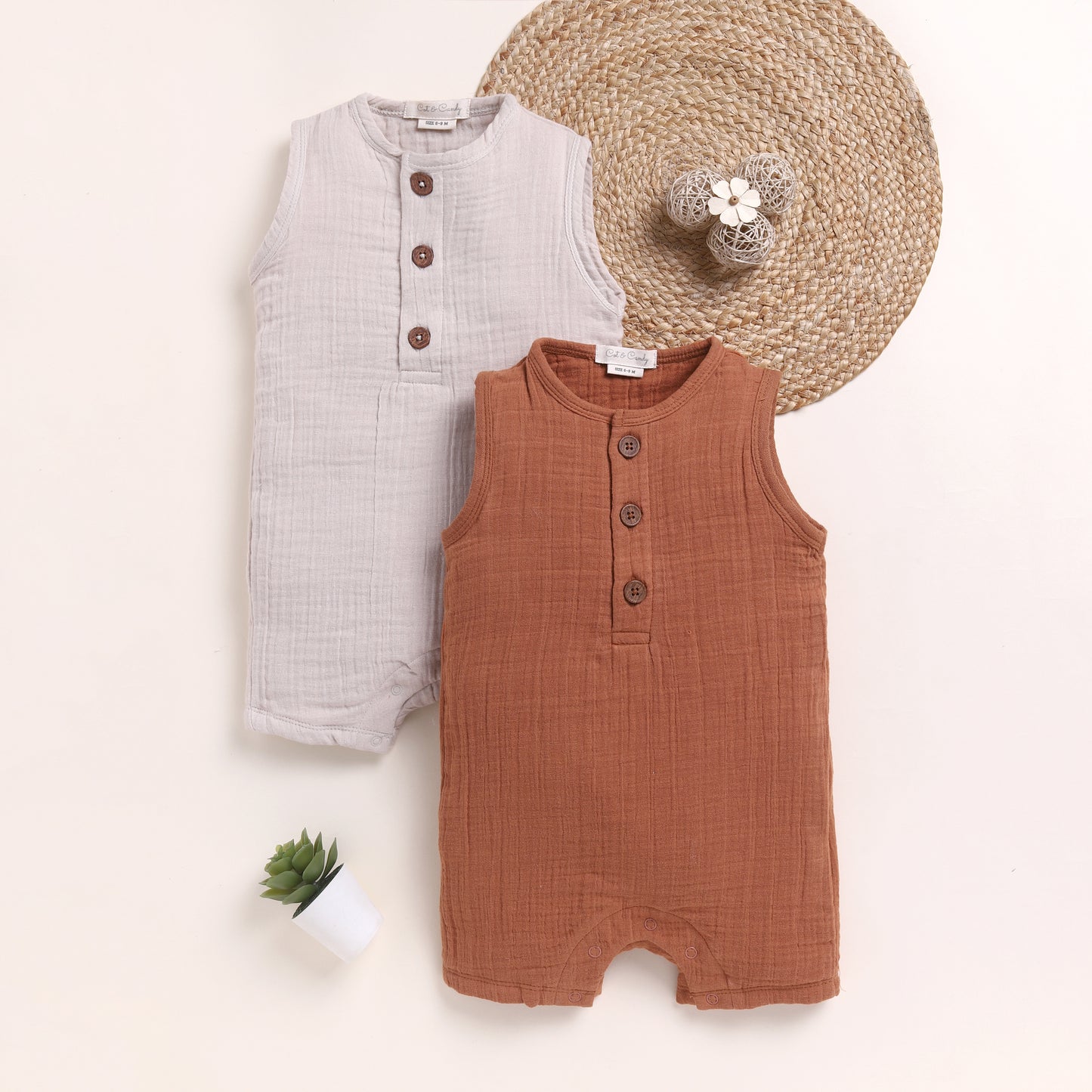 Oatmeal + Ginger Organic Muslin Half Romper Pack Of 2