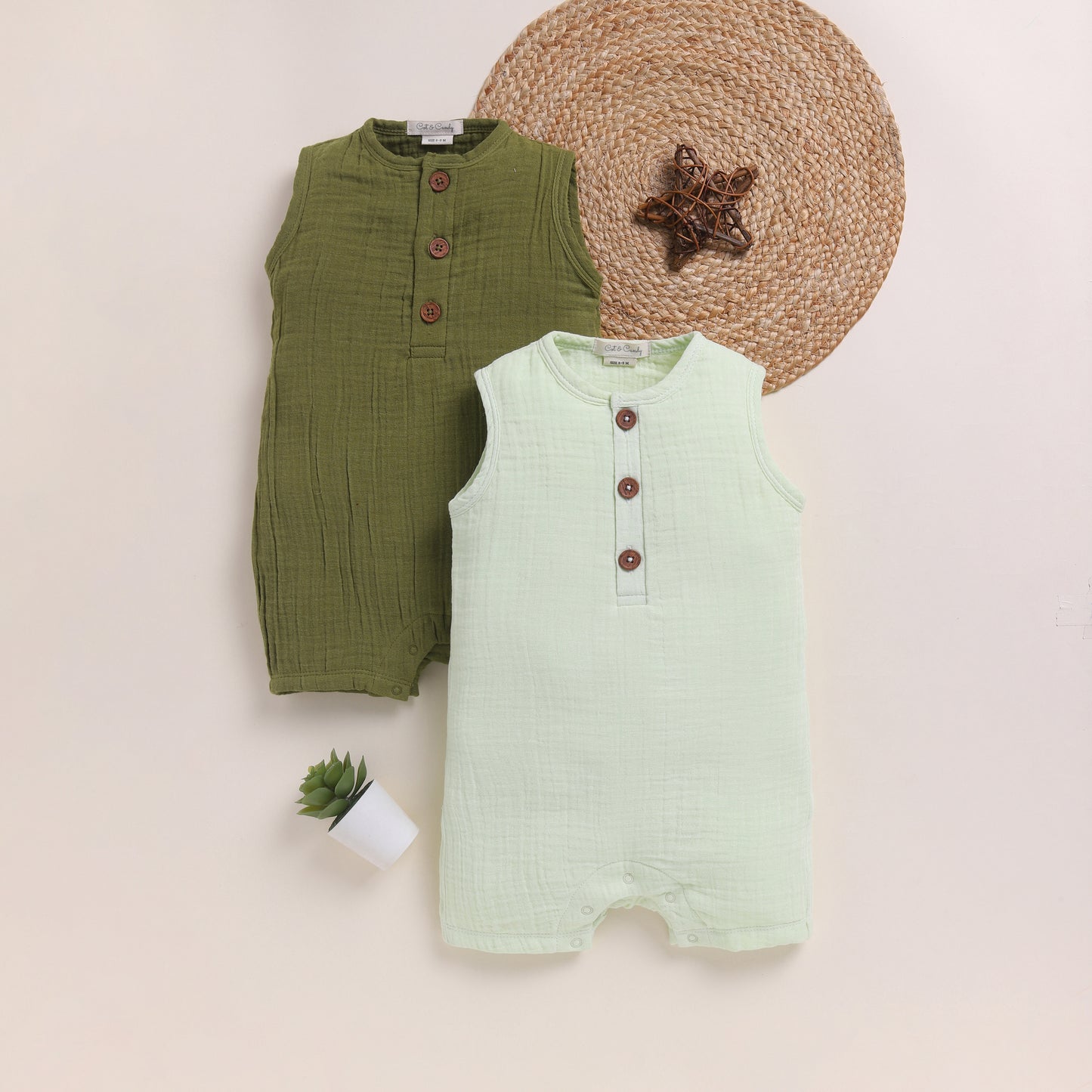 Olive + Pistachio Cream Organic Muslin Half Romper Pack Of 2