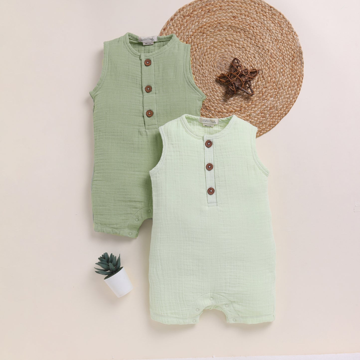 Pistachio Cream + Sage Organic Muslin Half Romper Pack Of 2