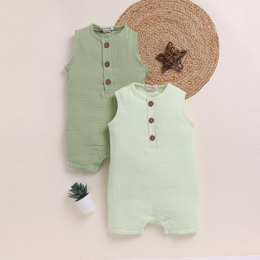Pistachio Cream + Sage Organic Muslin Half Romper Pack Of 2