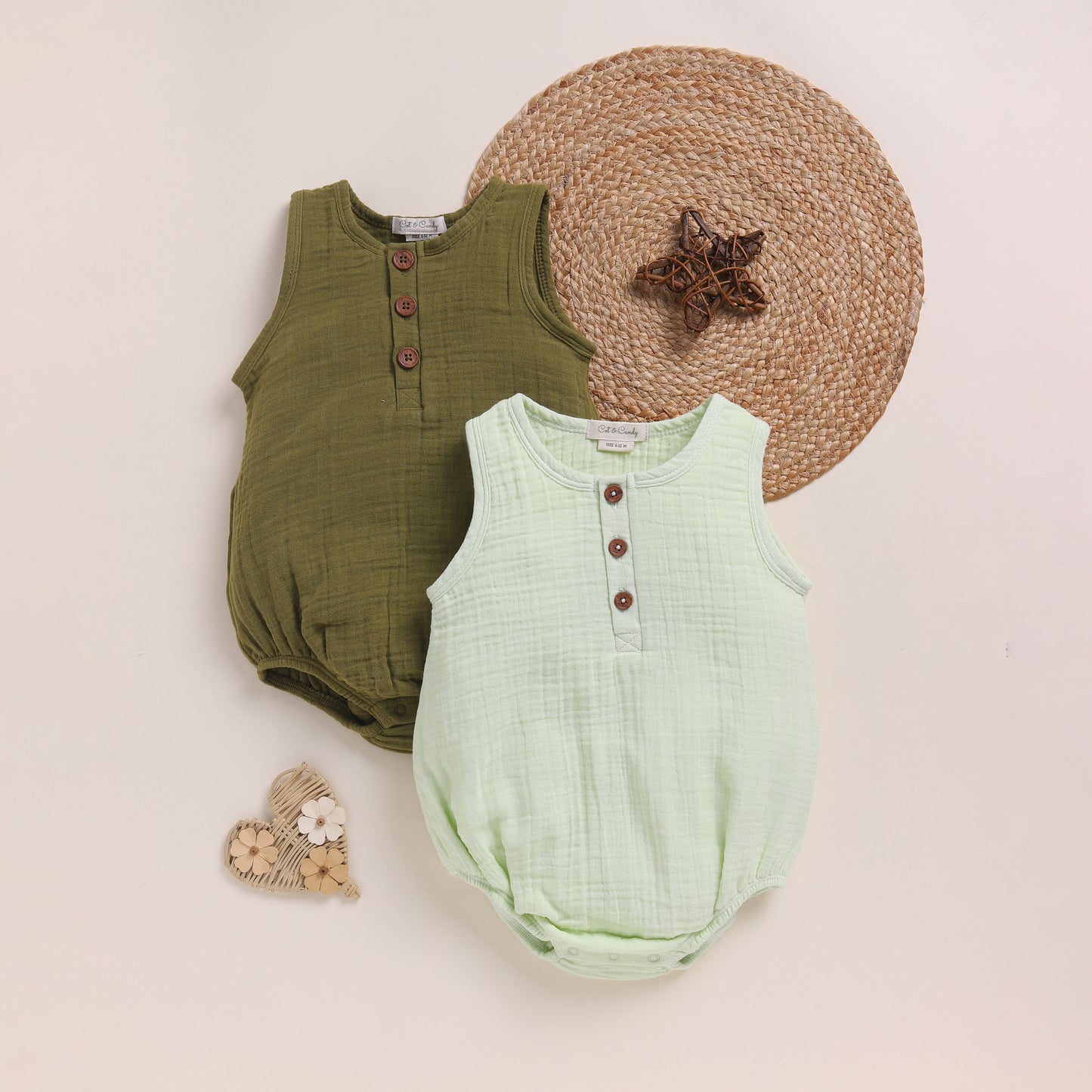 Olive + Pistachio Cream Organic Muslin Bubble Romper Pack Of 2