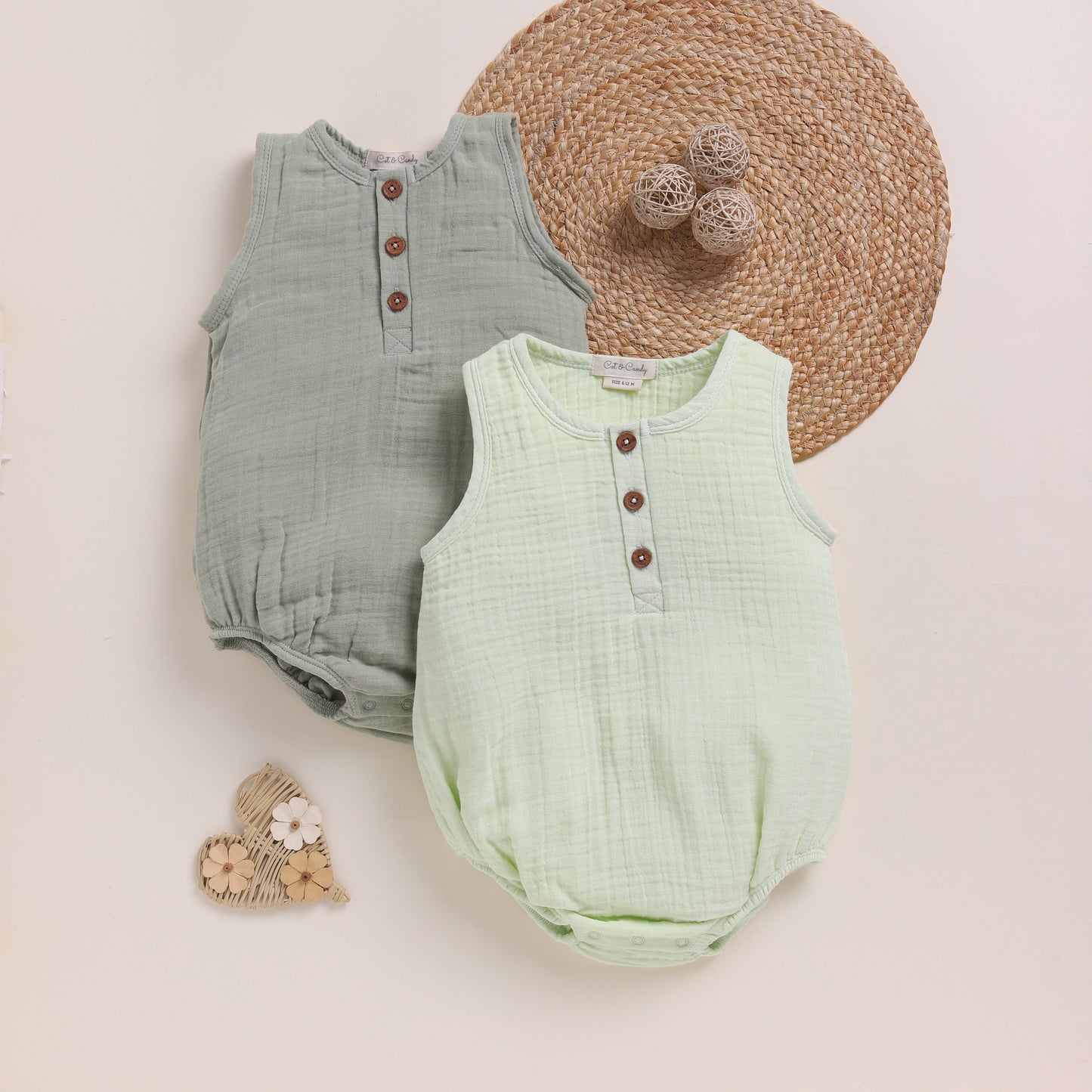 Pistachio Cream + Sage Organic Muslin Bubble Romper Pack Of 2