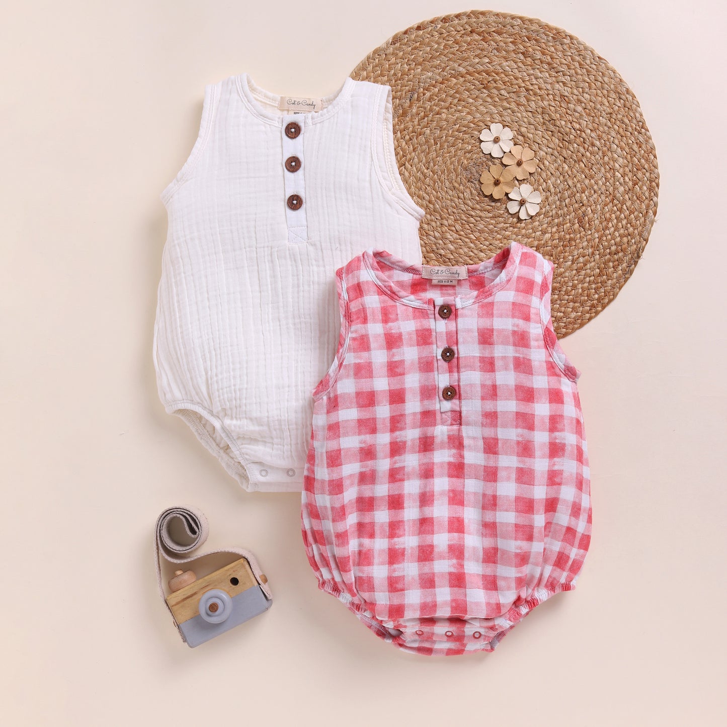 Milk + Pink Check Organic Muslin Bubble Romper Pack Of 2