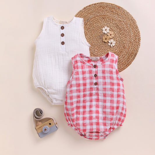 Milk + Pink Check Organic Muslin Bubble Romper Pack Of 2