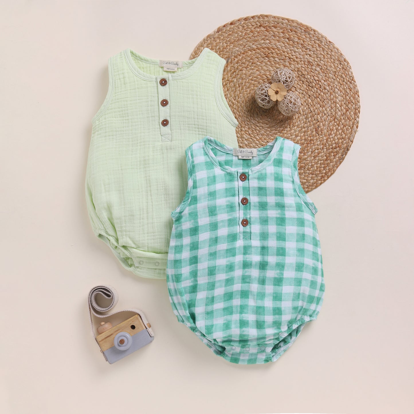 Pistachio Cream + Sage Check Organic Muslin Bubble Romper Pack Of 2