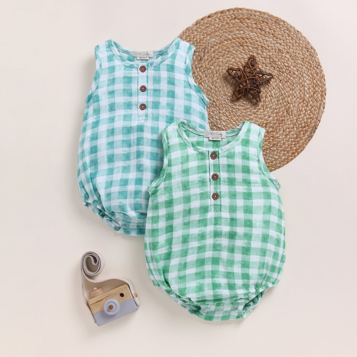 Teal Check + Sage Check Organic Muslin Bubble Romper Pack Of 2