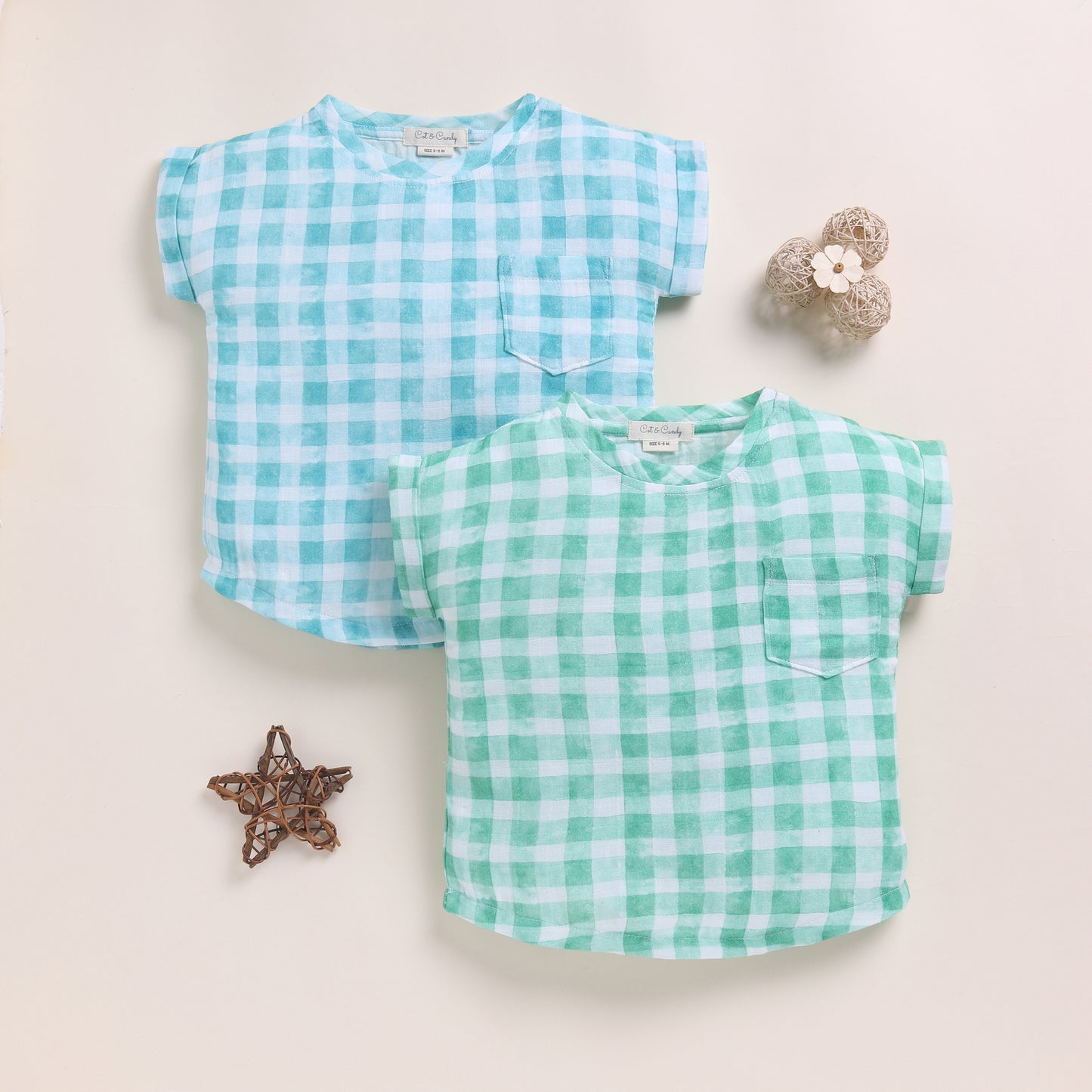 Teal Check + Sage Check Organic Muslin Oversized Tees Pack Of 2
