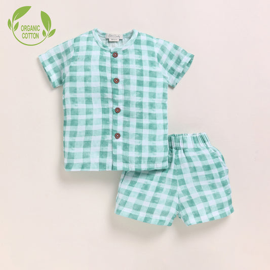 Teal Checks Print Organic Muslin Jhabla Set