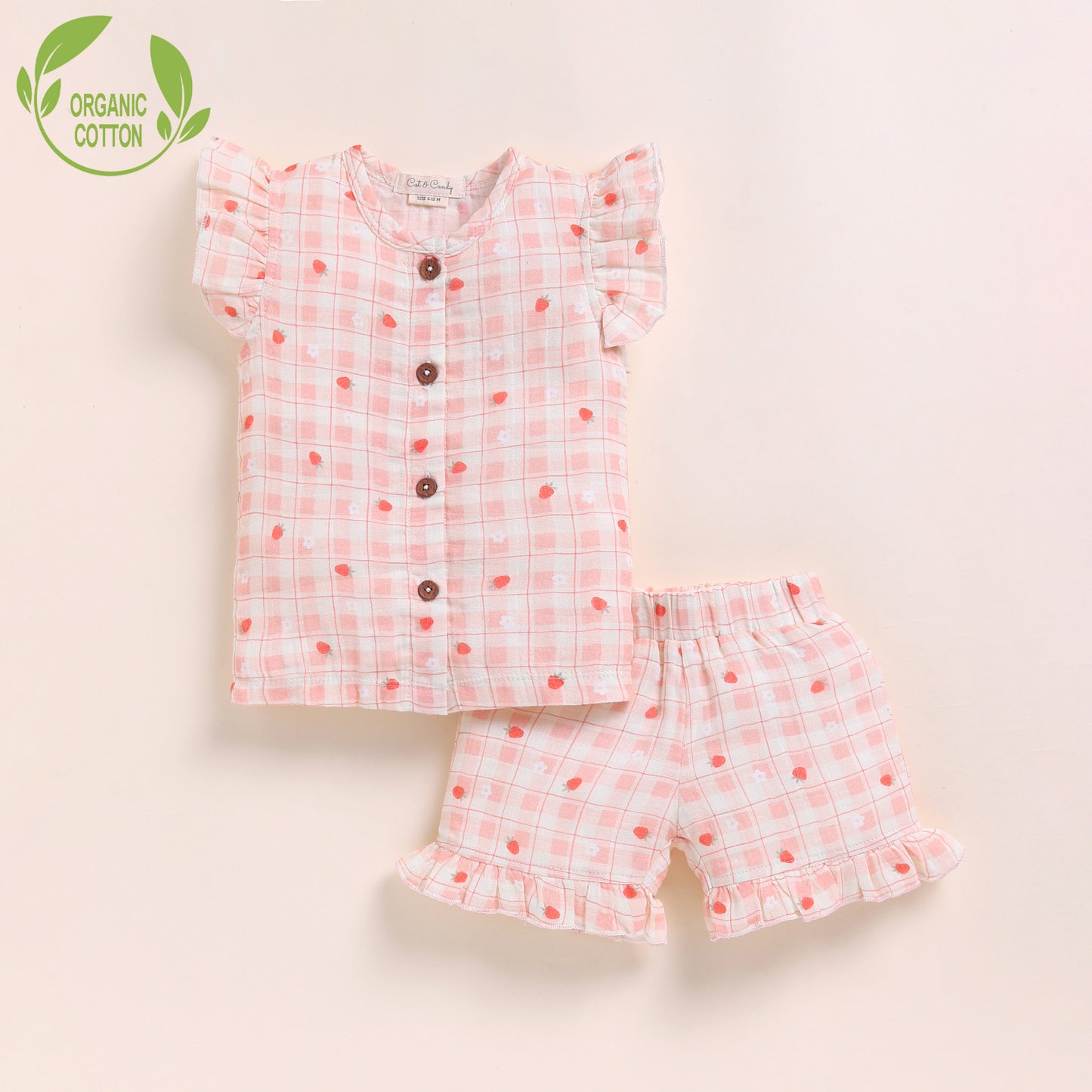 Strawberry Print Organic Muslin Jhabla Set