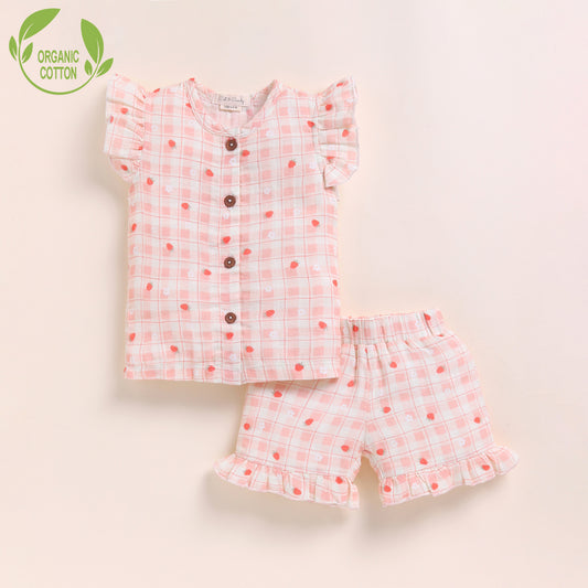 Strawberry Print Organic Muslin Jhabla Set