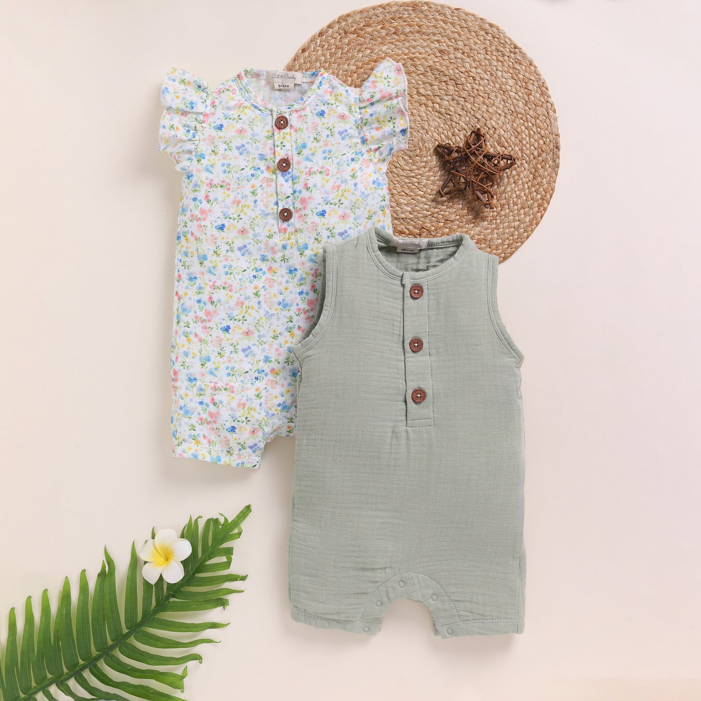 Spring Floral + Sage Organic Muslin Half Romper Pack Of 2