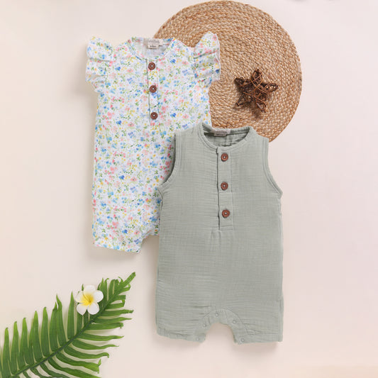 Spring Floral + Sage Organic Muslin Half Romper Pack Of 2