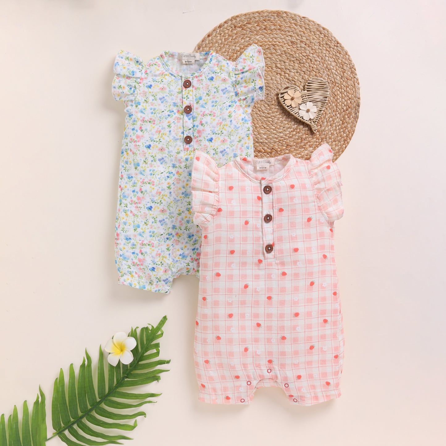 Strawberry + Spring Floral Organic Muslin Half Romper Pack Of 2