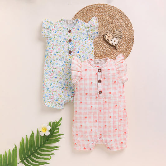 Strawberry + Spring Floral Organic Muslin Half Romper Pack Of 2