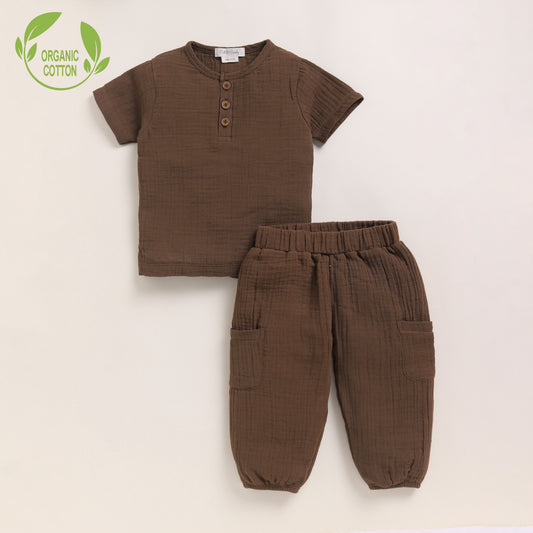 Cocoa Whisper Organic Muslin Short Sleeve Henley T-shirt With Lounge Pant Set