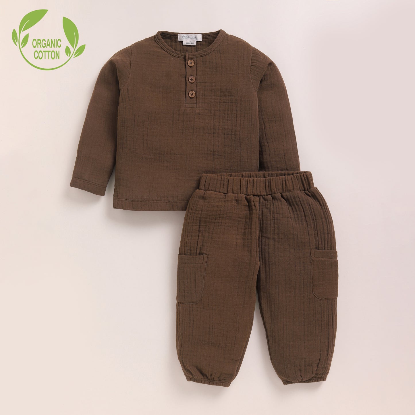 Cocoa Whisper Organic Muslin Long Sleeve Henley Tshirt With Lounge Pant Set