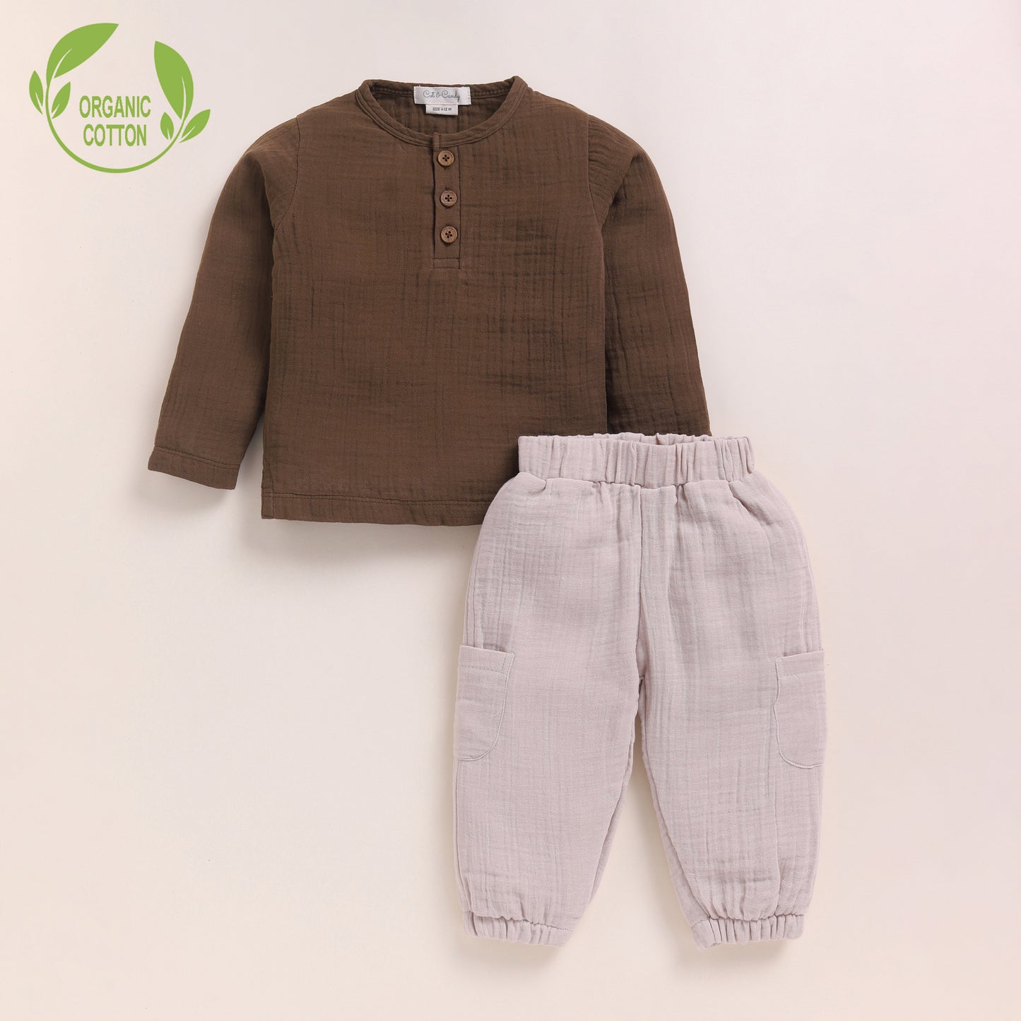Cocoa Whisper + Oatmeal Organic Muslin Long Sleeve Henley Tshirt With Lounge Pant Set