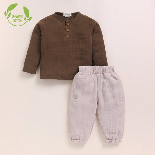 Cocoa Whisper + Oatmeal Organic Muslin Long Sleeve Henley Tshirt With Lounge Pant Set