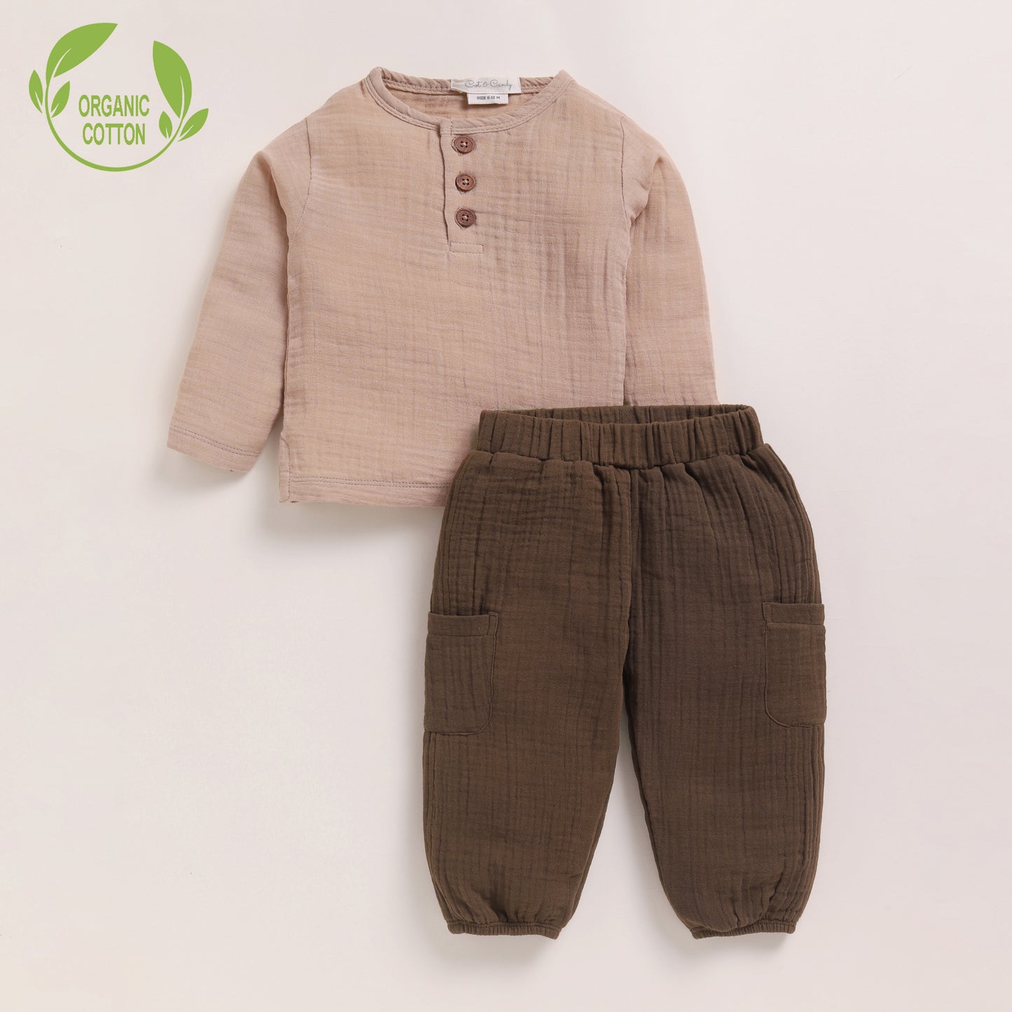 Latte + Cocoa Whisper Organic Muslin Long Sleeve Henley Tshirt With Lounge Pant Set