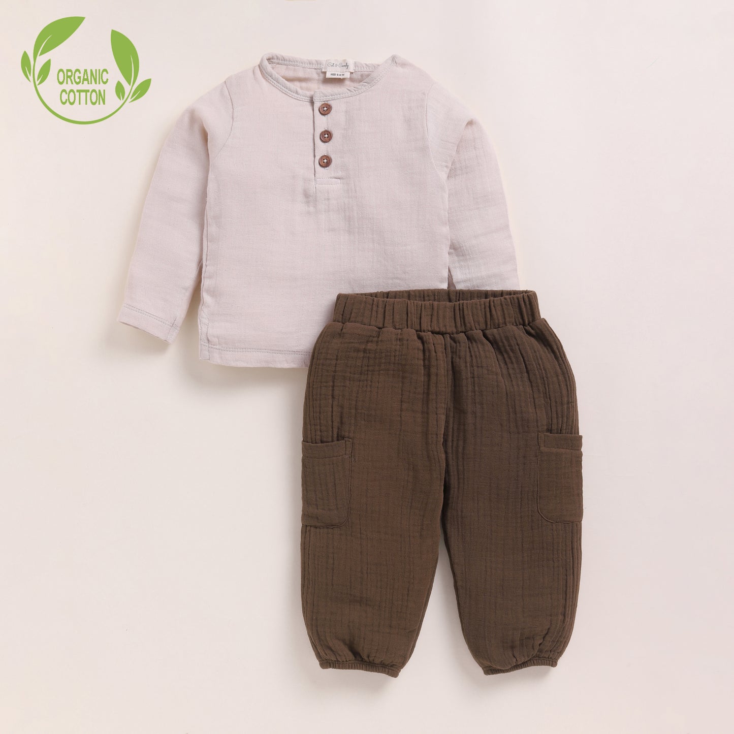 Oatmeal + Cocoa Whisper Organic Muslin Long Sleeve Henley Tshirt With Lounge Pant Set