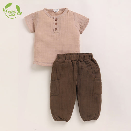 Latte + Cocoa Whisper Organic Muslin Short Sleeve Henley T-shirt With Lounge Pant Set