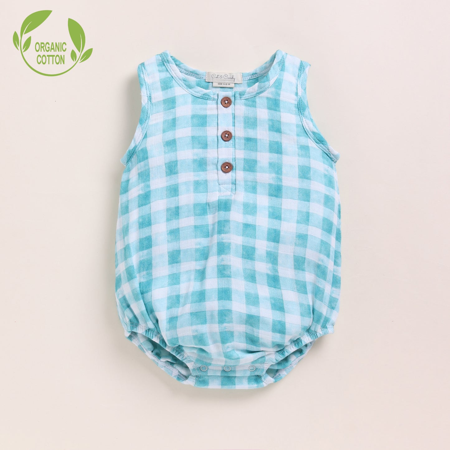 Teal Checks Print Organic Muslin Bubble Romper