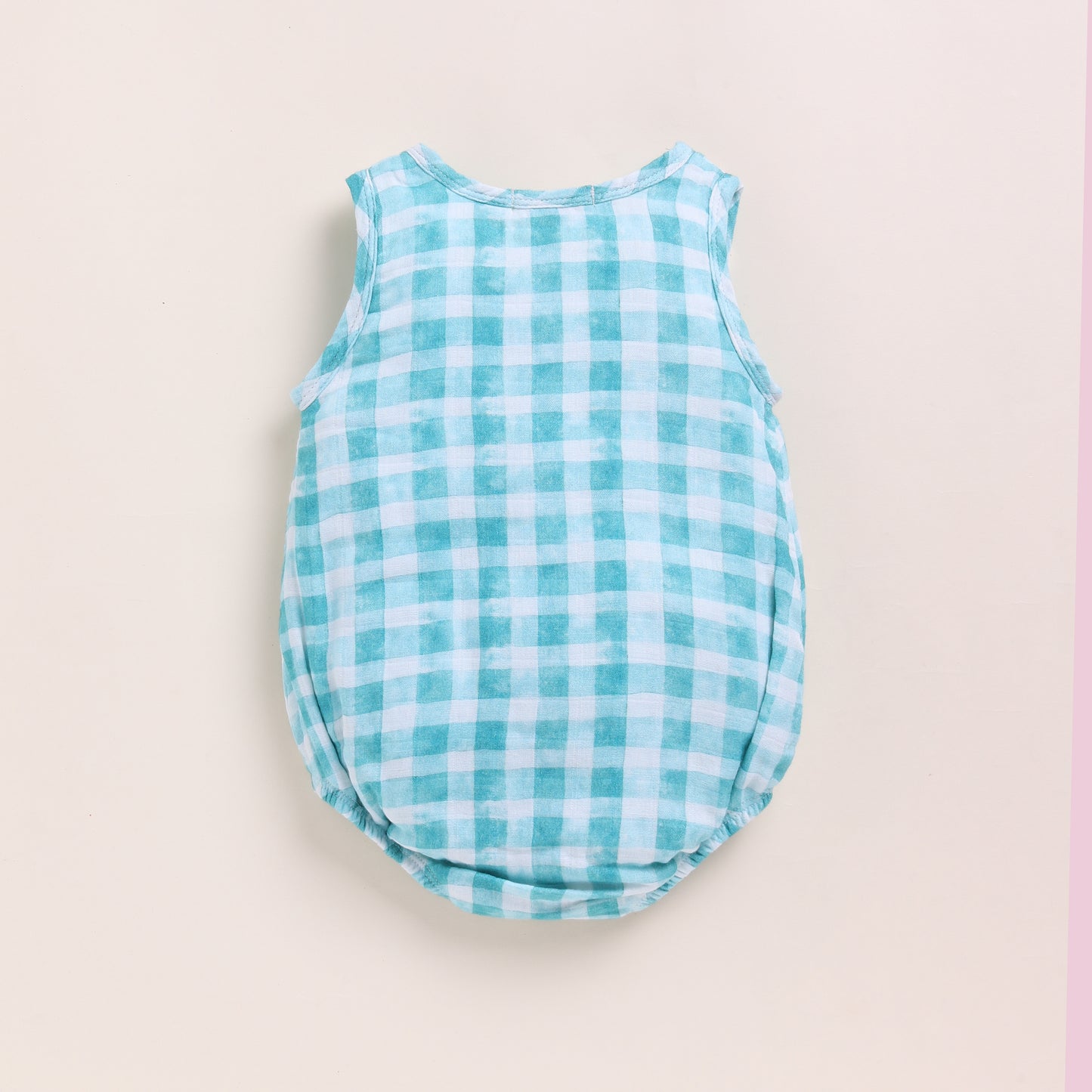 Teal Checks Print Organic Muslin Bubble Romper