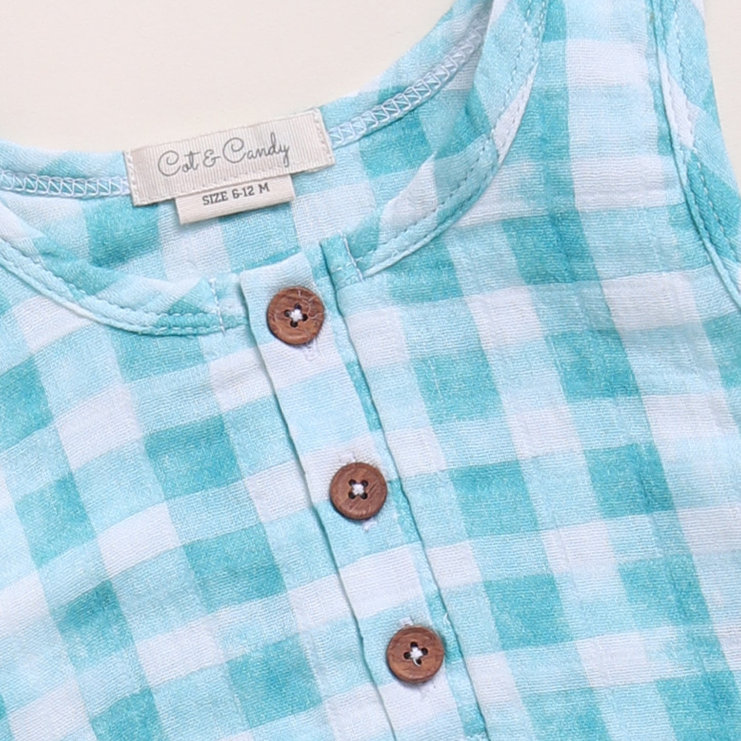 Teal Checks Print Organic Muslin Bubble Romper