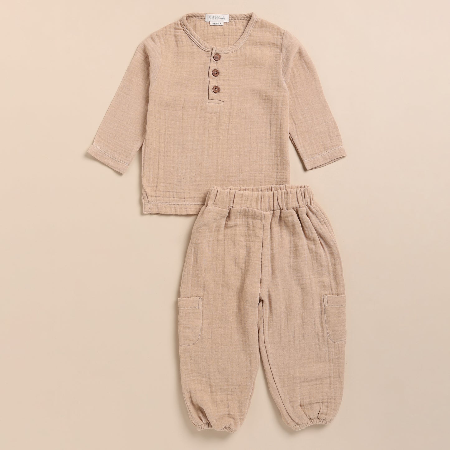 Latte Organic Muslin Long Sleeve Henley Tshirt With Lounge Pant Set