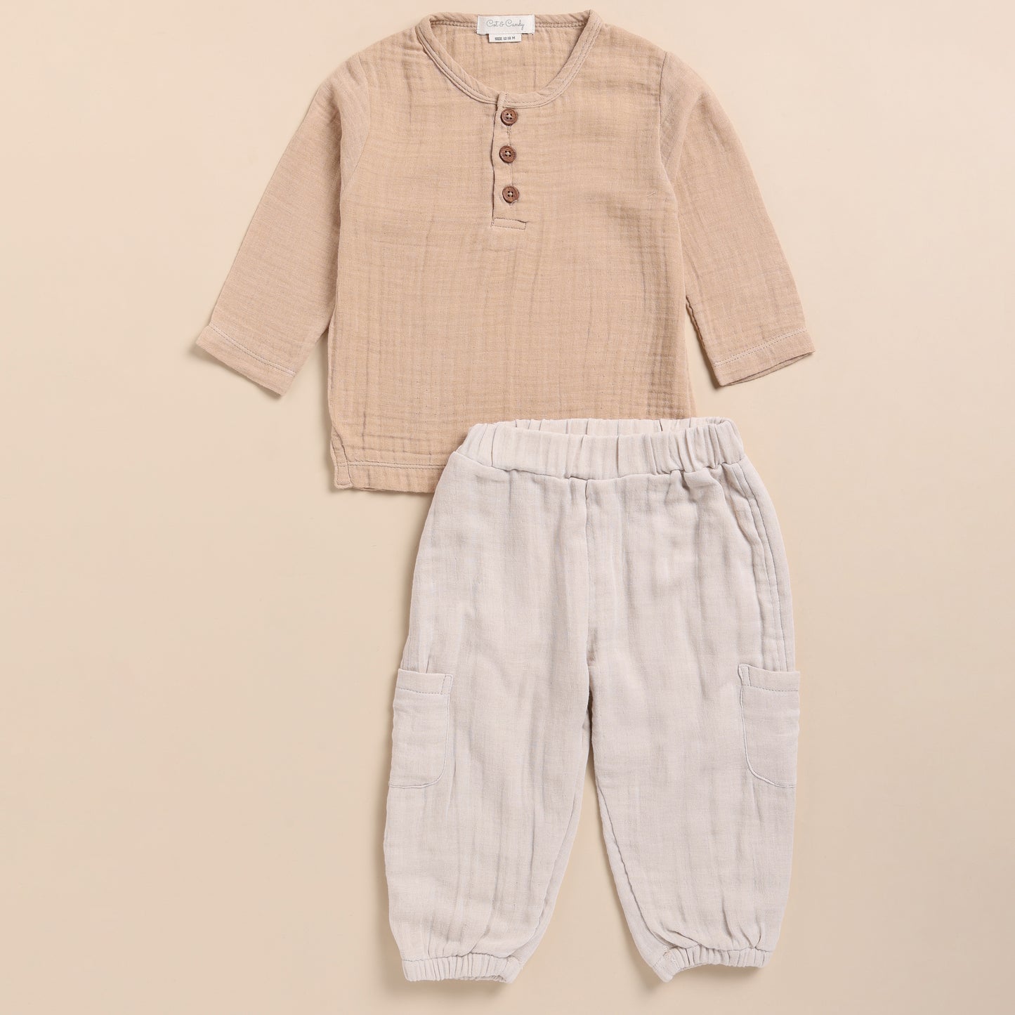 Latte + Oatmeal Organic Muslin Long Sleeve Henley Tshirt With Lounge Pant Set