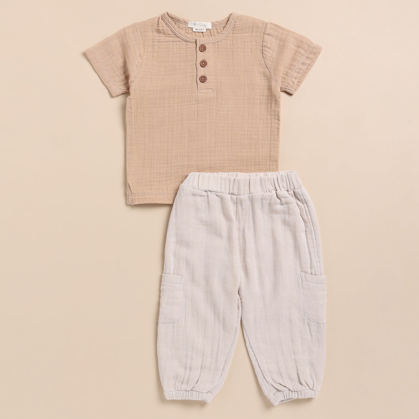 Latte + Oatmeal Organic Muslin Short Sleeve Henley Tshirt With Lounge Pant Set