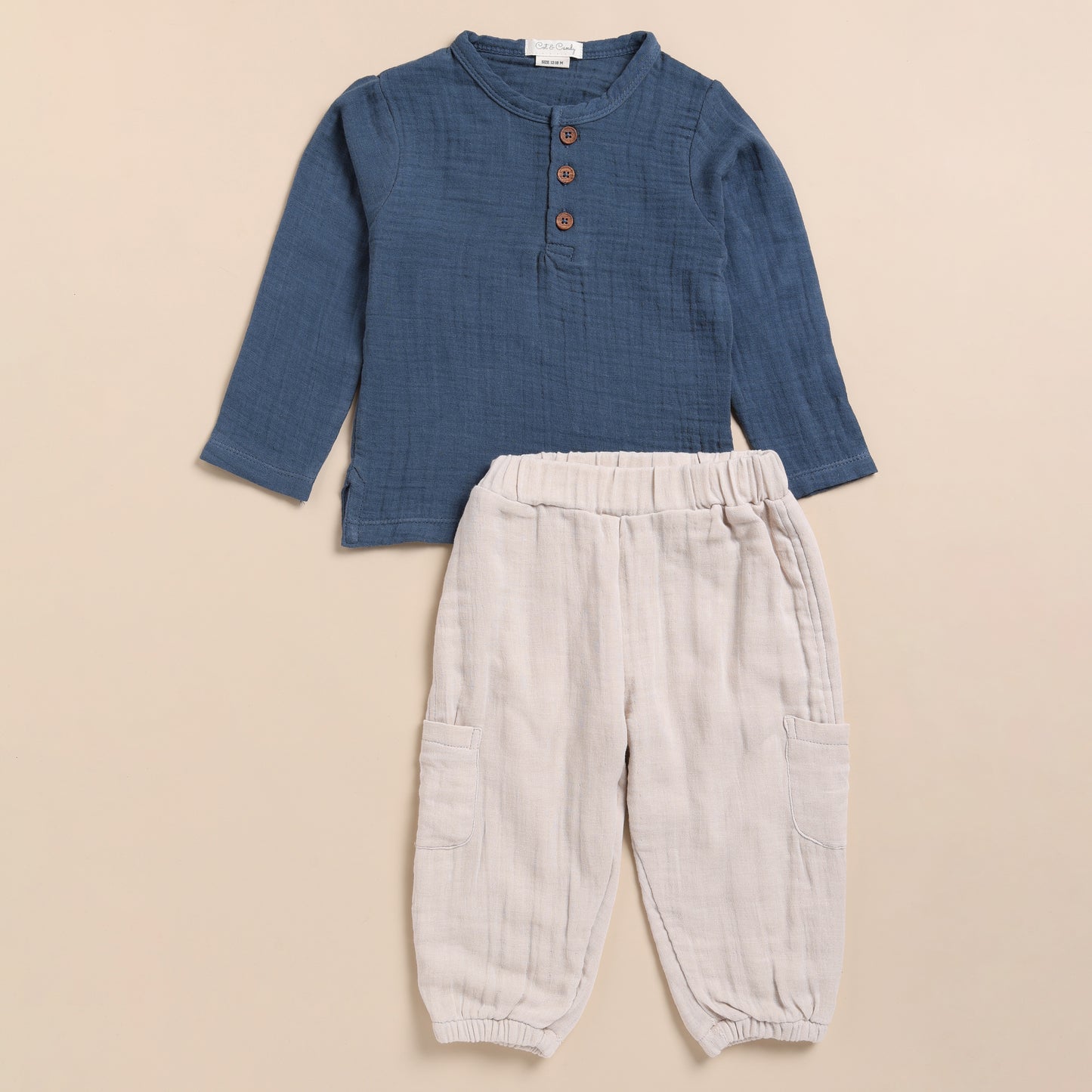Navy + Oatmeal Organic Muslin Long Sleeve Henley Tshirt With Lounge Pant Set