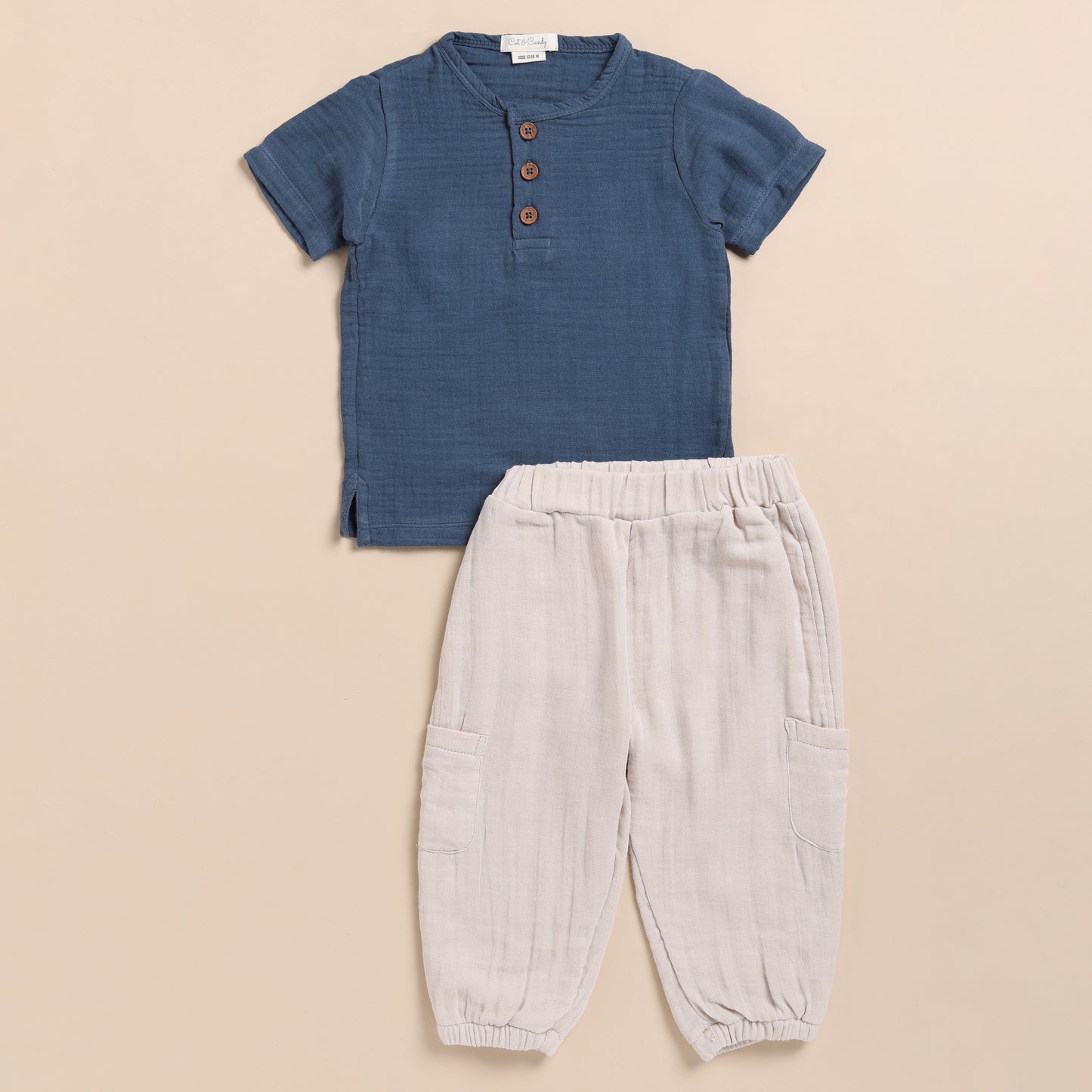 Navy + Oatmeal Organic Muslin Short Sleeve Henley Tshirt With Lounge Pant Set